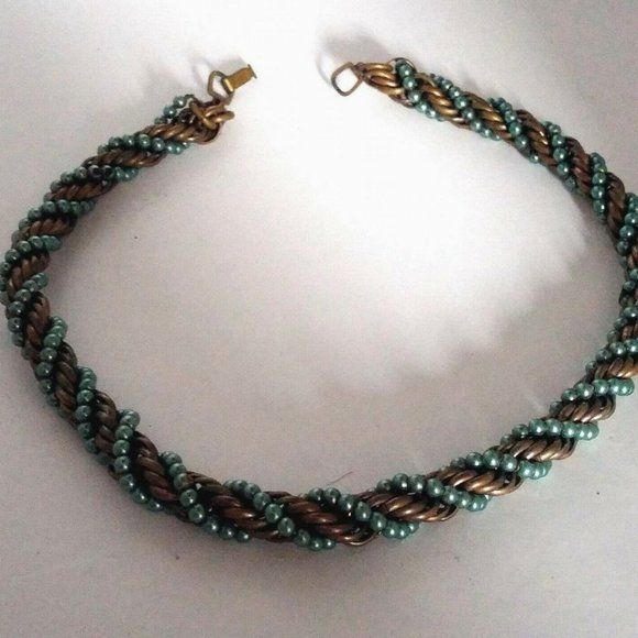 Antique Necklace Choker Twisted Solid Brass Many Rings Wrapped Green Faux Pearl - Picture 1 of 3